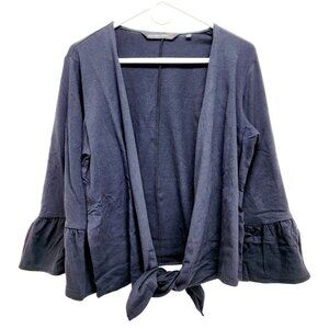 Colleen Lopez Navy Ruffle Sleeve Open-Front Black Cardigan Sweater Size M New
